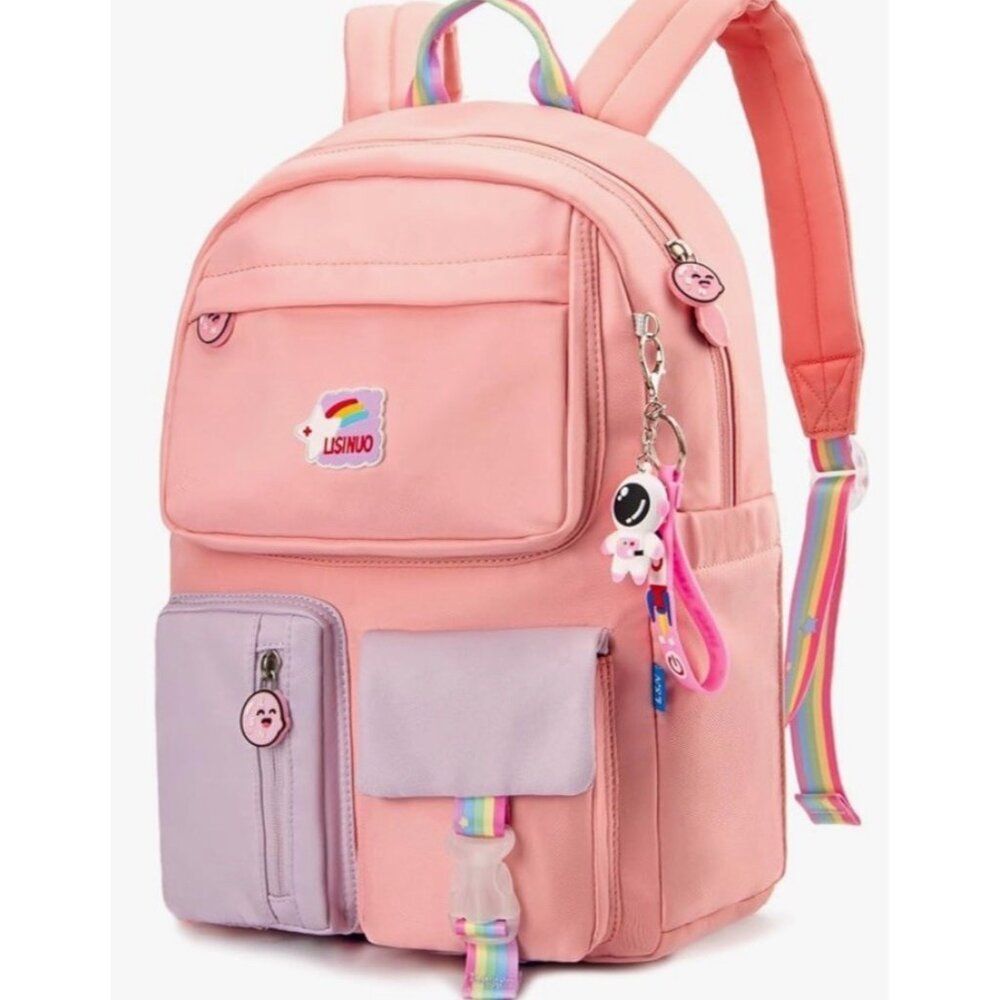 Kids Girls Pink Canvas Backpack School Bag Bottle Pockets Large Insulated NWT